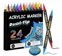 CNMTCCO Lot de 24 marqueurs acryliques imperméables pour pierres - 0,5 à 5 mm - Double pointe (pointe fine et pinceau) - Multimarqueur acrylique pour peinture, papier, roche, bois, œuf, toile