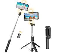 CNMTCCO Perche à selfie trépied avec 2 lumières de remplissage, trépied extra long de 130 cm avec télécommande sans fil amovible pour filmer, compatible avec iPhone, Samsung, smartphone, etc