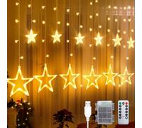 CNMTCCO Rideaux lumineux de Noël intérieur, 12 rideaux lumineux étoilés, 2,5 m x 1 m Guirlande lumineuse décorative de Noël avec minuterie, 8 fonctions, port USB et boîtier à piles (Blanc Chaud)