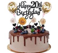 Cnrose Décoration de gâteau homme femme 20e anniversaire Hello 20 ans Noir doré avec cœur étoile Ballon Décoration de gâteau 20e anniversaire Happy 20th Birthday Décoration de gâteau 20 ans Homme 20