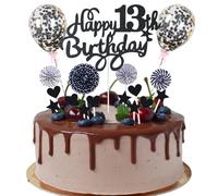 Cnrose Happy 13th Birthday Décoration de gâteau 13 ans pour jeune fille et garçon - Noir avec cœur étoile et étoiles pailletées - Kit de décoration de gâteau 13e anniversaire - 28 pièces, 30 éléments