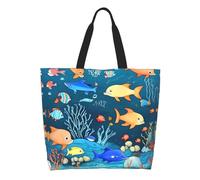 CNTDBU Blue Underwater World of Fish Sac fourre-tout à bandoulière de grande capacité pour femme - Polyester résistant à l'eau pour le shopping, le travail, un usage quotidien