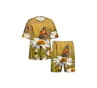CNTDBU Ensemble de pyjama pour homme Chrysanthèmes et papillons à manches courtes - Vêtement de nuit d'été doux et respirant - Vêtement de détente léger avec poches pour la maison, Noir , 3XL
