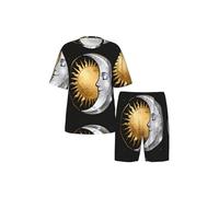 CNTDBU Ensemble de pyjama pour homme Sun Moon Face à manches courtes - Vêtement de nuit d'été doux et respirant - Vêtement de détente léger avec poches pour la maison, Noir , M