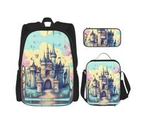 CNTDBU Fairytale Castle Ensemble sac à dos à déjeuner et pochette de voyage 3 en 1 pour navetteurs, sac à déjeuner isotherme pour travail avec housse pour ordinateur portable