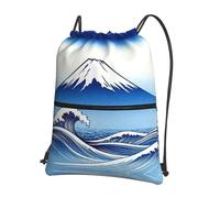CNTDBU Fuji Wave Ocean Sac à dos avec cordon de serrage avec fermeture éclair, imperméable, léger, sac à dos pour gym, sport, sac à dos réglable pour voyage, randonnée