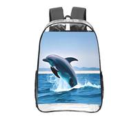 CNTDBU Jumping Up Dauphins Sac à dos transparent de 40,6 cm, sac approuvé par les stades en PVC transparent, poche avant imprimée sur toute la surface, sac à dos de voyage léger, unisexe