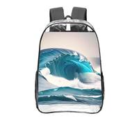 CNTDBU Sac à dos bleu dessin animé vague de mer transparent de 40,6 cm, sac approuvé par les stades en PVC transparent, poche avant imprimée sur toute la surface, sac à dos de voyage léger, unisexe