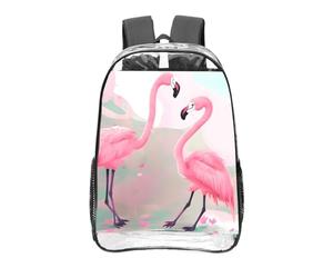 CNTDBU Sac à dos Love Flamingo transparent de 40,6 cm, sac approuvé par les stades en PVC transparent, poche avant imprimée sur toute la surface, sac à dos de voyage léger, unisexe