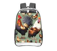 CNTDBU Sac à dos transparent coq et poulet de 40,6 cm, sac approuvé par les stades en PVC transparent, poche avant imprimée sur toute la surface, sac à dos de voyage léger, unisexe