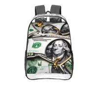 CNTDBU Sac à dos transparent de 40,6 cm avec motifs de billets de banque, sac approuvé par les stades en PVC transparent, poche avant imprimée sur toute la surface, sac à dos de voyage léger, unisexe