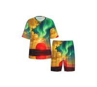CNTDBU Sun Cloud Aurora Ensemble de pyjama à manches courtes pour homme - Vêtement de nuit d'été doux et respirant - Vêtement de détente léger avec poches pour la maison, Noir , M
