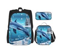 CNTDBU Winter the Dolphin Ensemble sac à dos à déjeuner 3 en 1 sac de voyage pour navetteurs, sac à déjeuner isotherme pour le travail avec housse pour ordinateur portable
