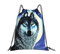 CNTDBU Wolf Under Moon Grand sac à dos imperméable et léger pour le sport, sac à dos décontracté avec cordon de serrage pour voyage randonnée