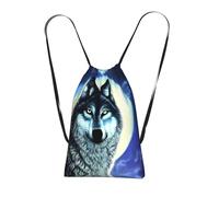 CNTDBU Wolf Under Moon Sac à dos pliable avec cordon de serrage - Sac de courses léger et réutilisable pour voyage, sac à dos compact pour le camping, la salle de sport