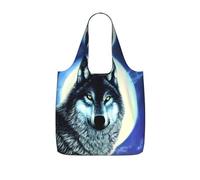 CNTDBU Wolf Under Moon Sac de courses pliable léger réutilisable pour courses, sac à dos de voyage de 25 l avec cordon de serrage pour le travail et la salle de sport