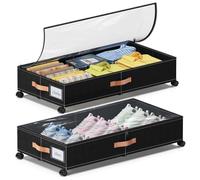 Cnwinu Lot de 2 boîtes de rangement sous le lit avec couvercle transparent, rangement sous le lit sur roulettes, boîte noire avec cadre en métal et cloisons détachables, rangement et organisation pour
