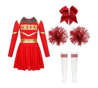 CNYUON Costumes de pom-pom child for enfants, uniforme, robe danse à manches longues avec fleurs la main, couvre-chef, chaussettes rayées for représentation sur scène avec Accessoires(B Red,6)