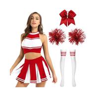CNYUON Costumes de pom-pom child, tenue danse d'écolière, uniforme for femmes, haut court, jupe plissée, chaussettes à pompons, costume performance avec Accessoires(Red A,M)
