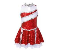 CNYUON Robe de justaucorps gymnastique ballet d'uniforme pom-pom child paillettes brillantes for filles for la compétition danse robe patinage artistique for enfants avec Accessoires(Red,16)