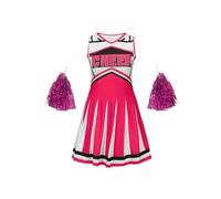 CNYUON Robe de pom-pom child mignonne for enfants, tenue spectacle à pompons, vêtements fête for filles, saison rentrée scolaire avec Accessoires(Rose Red,140(9-10Y))