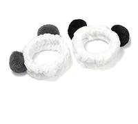2pcs mignon panda oreille bandeau souple élastique bande de cheveux en molleton de corail avec des pompons pour dames de la mode (oreille noire et oreille grise)