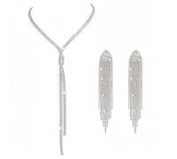 COACOM 1 Collier De Diamants Étincelants Et 1 Paire De Boucles d'oreilles, Accessoires en Argent Étincelant, Longue Chaîne De Pull en Forme De Y, Adaptés Aux Tenues De Fête Et Au Quotidien.