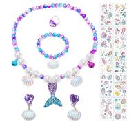 COACOM 1 Ensemble De Bijoux pour Enfants, 10 Autocollants De Tatouage De Paillettes De Sirène, Collier De Bracelet De Perles De Coquillage, Cadeaux d'anniversaire pour Les Filles.