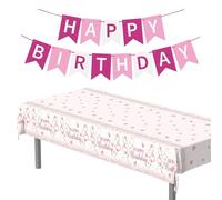 COACOM 1 Pièce De Joyeux Anniversaire Nappe, 1 Bannière, Mignonne Couverture De Table À Manger en Plastique Élée Et Créative, Décoration De Fête d'anniversaire De Fille.
