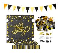 COACOM 60 Serviettes Noires Et Dorées, 1 Ensemble De Confettis Saupoudrés, 1 Morceau De Drapeau Tirant, Joyeux Anniversaire, Accessoires De Table À Manger Créatifs, Décoration De Fête d'anniversaire.