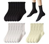 COACOM Lot de 8 paires de chaussettes à volants en coton plissé pour femme - Chaussettes élastiques mi-mollet (noir, blanc, blanc laiteux), noir, blanc, blanc laiteux, L