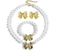 coadipress Ensemble de bijoux ras du cou avec nœud et boucles d'oreilles en forme de nœud et de perles - Pour femme - Ruban délicat - Pour fête de mariage, demoiselle d'honneur, Middle, Acier allié