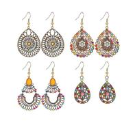 coadipress Lot de 4 paires de boucles d'oreilles pendantes bohème vintage pour femme faites à la main style bohème en forme de goutte d'eau, Petit, Alliage métallique, Pas de pierre précieuse