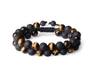 COAI Bracelet 2 Rangs Pierre de Lave Œil de Tigre Marron Ajustable Homme Femme