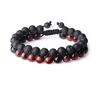 COAI Bracelet 2 Rangs Pierre de Lave Œil de Tigre Rouge Ajustable Homme Femme