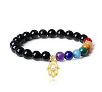 COAI Bracelet à Breloques Sept Chakra Tourmaline Noire Main de Fatma Femme S