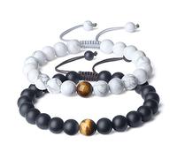 COAI Bracelet Couple Pierres Véritables Onyx Noir Mat Howlite Œil de Tigre Jaune Cordon Ajustable
