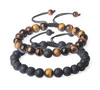 COAI Bracelet Couple Pierres Véritables Pierre de Lave Œil de Tigre Jaune Cordon Ajustable