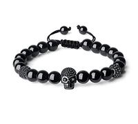 COAI Bracelet Pierres Véritables Tourmaline Noire Tête de Mort Ajustable Homme