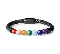 COAI Bracelet Yoga Sept Chakra Reiki Perles Pierres Semi-Précieuses Cordon Cuir Homme 21.5cm