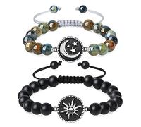 COAI Bracelets Couple Amoureux pour 2, Bracelets Onyx Noir Mat/Azurite, Charms Soleil & Lune