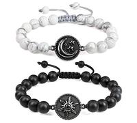 COAI Bracelets Couple Amoureux pour 2, Bracelets Onyx Noir Mat/Howlite, Charms Soleil & Lune