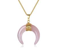 COAI Collier Acier Inoxydable Pendentif Double Corne Pierres Véritables Quartz Rose Femme