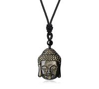 COAI Collier Ajustable Pendentif Tête de Bouddha Amulette Pierre Obsidienne Dorée Homme Femme