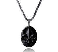 COAI Collier Chaîne Pendentif Ovale Fleur de Lis Obsidienne Noire Unisexe 50cm