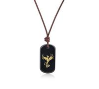 COAI Collier Cordon en Cuir Pendentif Rectangle Phénix Obsidienne Noire