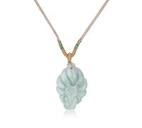 COAI Collier Jadéite de Birmanie, Pendentif Renard à Neuf Queues, Collier Cordon Réglable Kaki