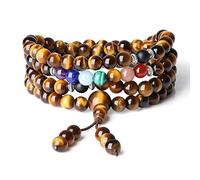 COAI Collier Mala 108 Perles, Bracelet Multi-Tours, Collier Sept Chakras, Bracelet Œil de Tigre Marron pour Hommes/Femmes
