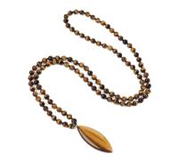 COAI Collier Mala 108 Perles Noué Œil de Tigre Marron Pendentif Feuille Femme Homme