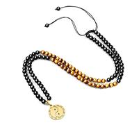 COAI Collier Mala 108 Perles Obsidienne Noire Œil de Tigre Marron Charm Taijitu Yin Yang Homme Femme